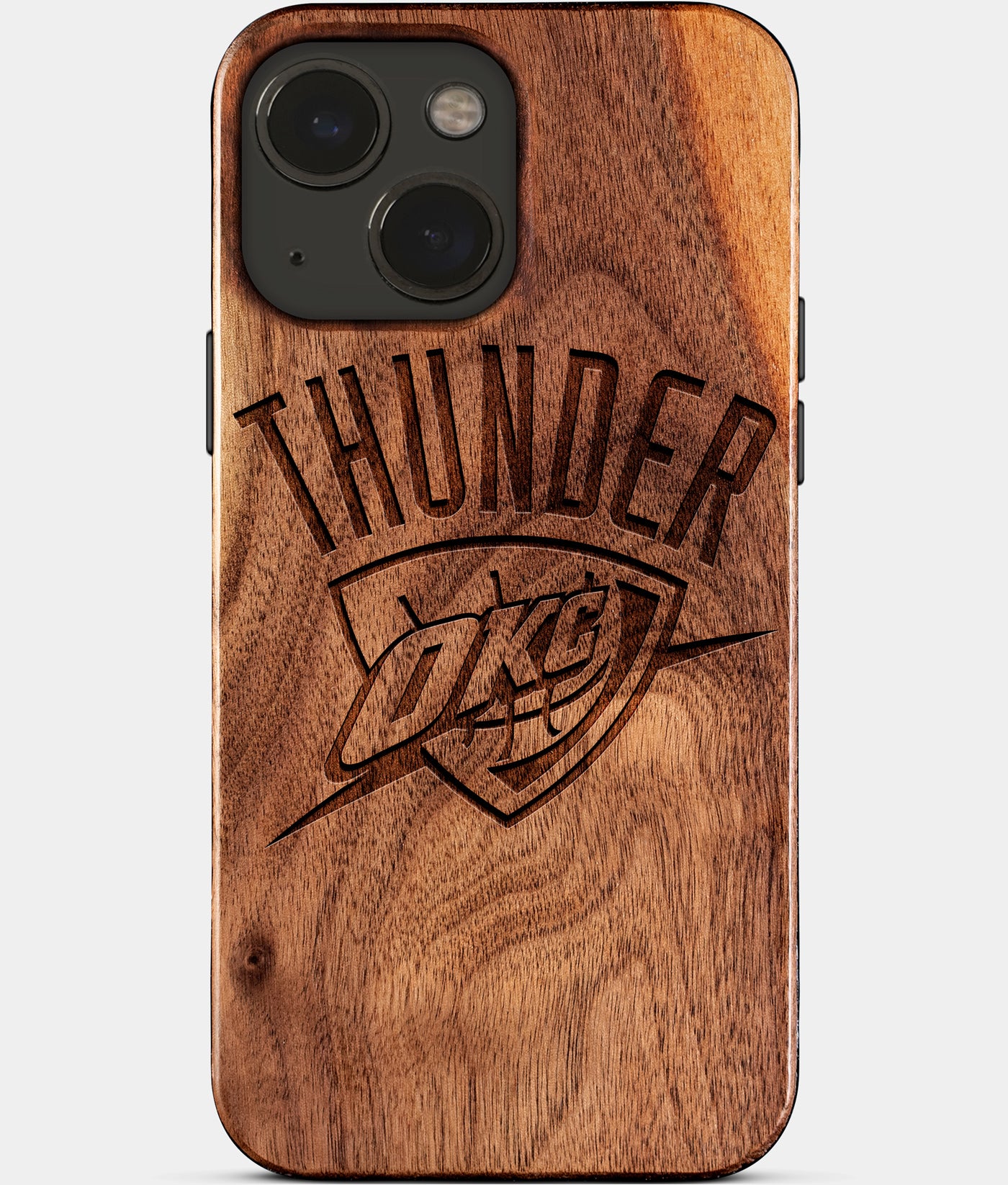 Eco-friendly OKC Thunder iPhone 15 Case - Carved Wood Custom OKC Thunder Gift For Him - Monogrammed Personalized iPhone 15 Cover By Engraved In Nature