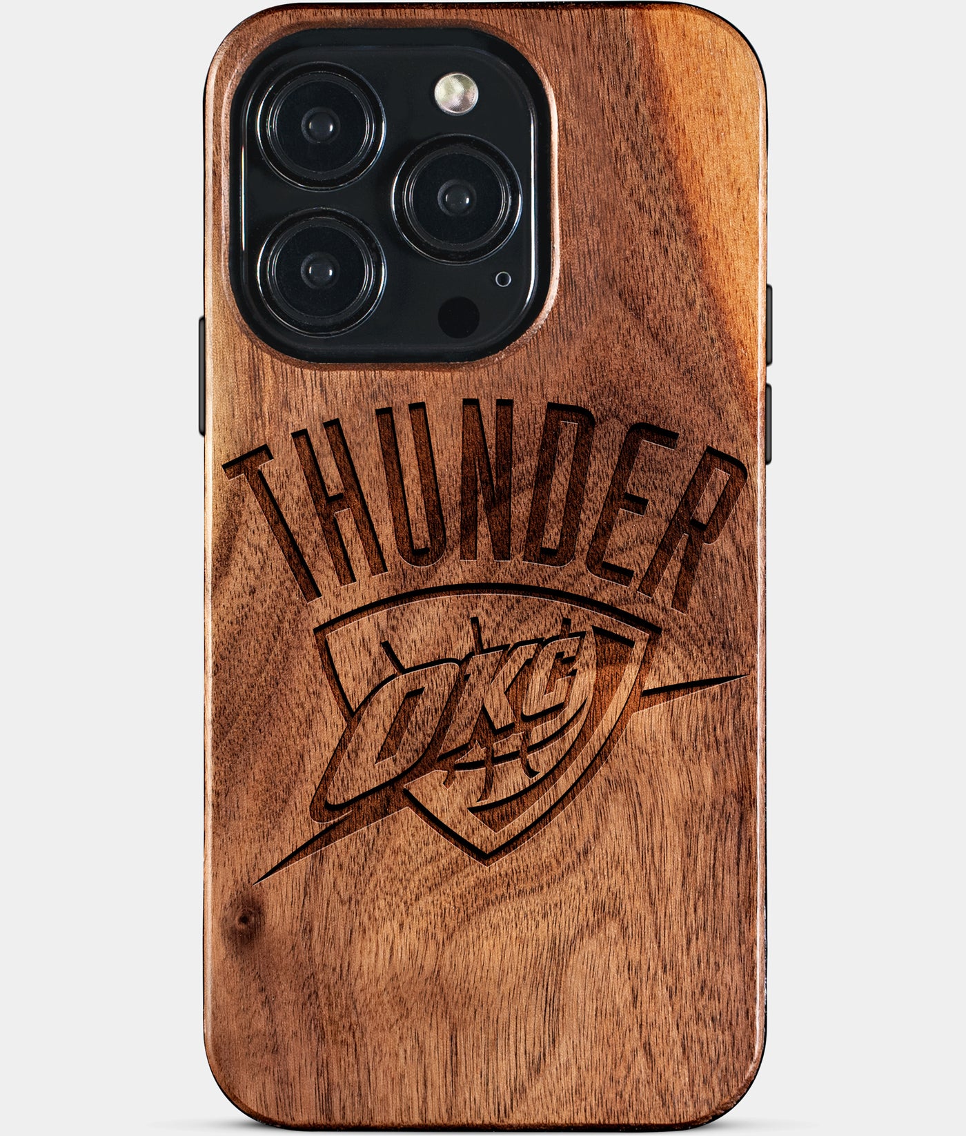 Eco-friendly OKC Thunder iPhone 15 Pro Case - Carved Wood Custom OKC Thunder Gift For Him - Monogrammed Personalized iPhone 15 Pro Cover By Engraved In Nature