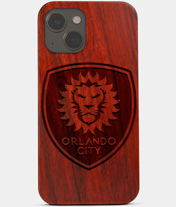 Carved Wood Orlando City SC iPhone 13 Mini Case | Custom Orlando City SC Gift, Birthday Gift | Personalized Mahogany Wood Cover, Gifts For Him, Monogrammed Gift For Fan | by Engraved In Nature