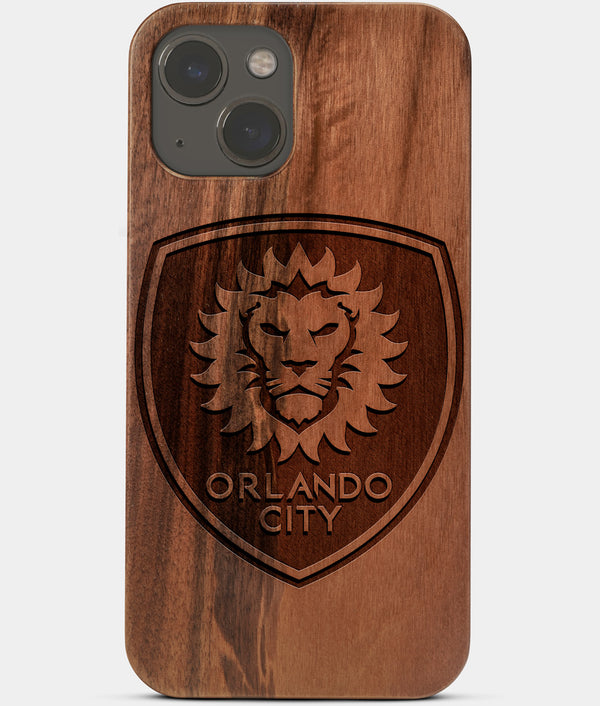 Carved Wood Orlando City SC iPhone 13 Mini Case | Custom Orlando City SC Gift, Birthday Gift | Personalized Mahogany Wood Cover, Gifts For Him, Monogrammed Gift For Fan | by Engraved In Nature