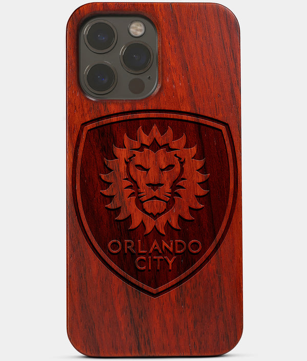 Carved Wood Orlando City SC iPhone 13 Pro Case | Custom Orlando City SC Gift, Birthday Gift | Personalized Mahogany Wood Cover, Gifts For Him, Monogrammed Gift For Fan | by Engraved In Nature