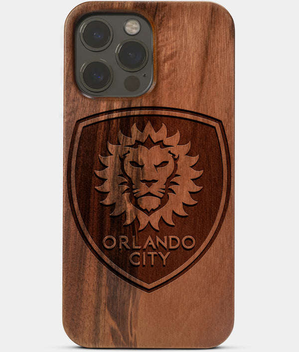 Carved Wood Orlando City SC iPhone 13 Pro Case | Custom Orlando City SC Gift, Birthday Gift | Personalized Mahogany Wood Cover, Gifts For Him, Monogrammed Gift For Fan | by Engraved In Nature