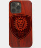 Carved Wood Orlando City SC iPhone 13 Pro Max Case | Custom Orlando City SC Gift, Birthday Gift | Personalized Mahogany Wood Cover, Gifts For Him, Monogrammed Gift For Fan | by Engraved In Nature