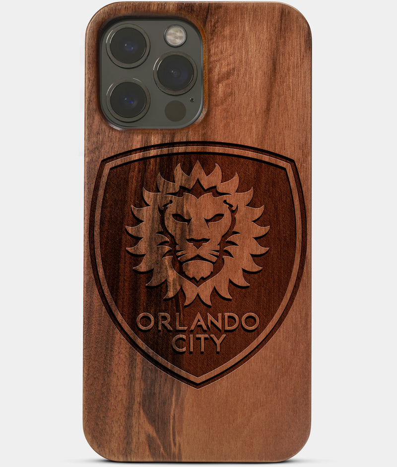 Carved Wood Orlando City SC iPhone 13 Pro Max Case | Custom Orlando City SC Gift, Birthday Gift | Personalized Mahogany Wood Cover, Gifts For Him, Monogrammed Gift For Fan | by Engraved In Nature
