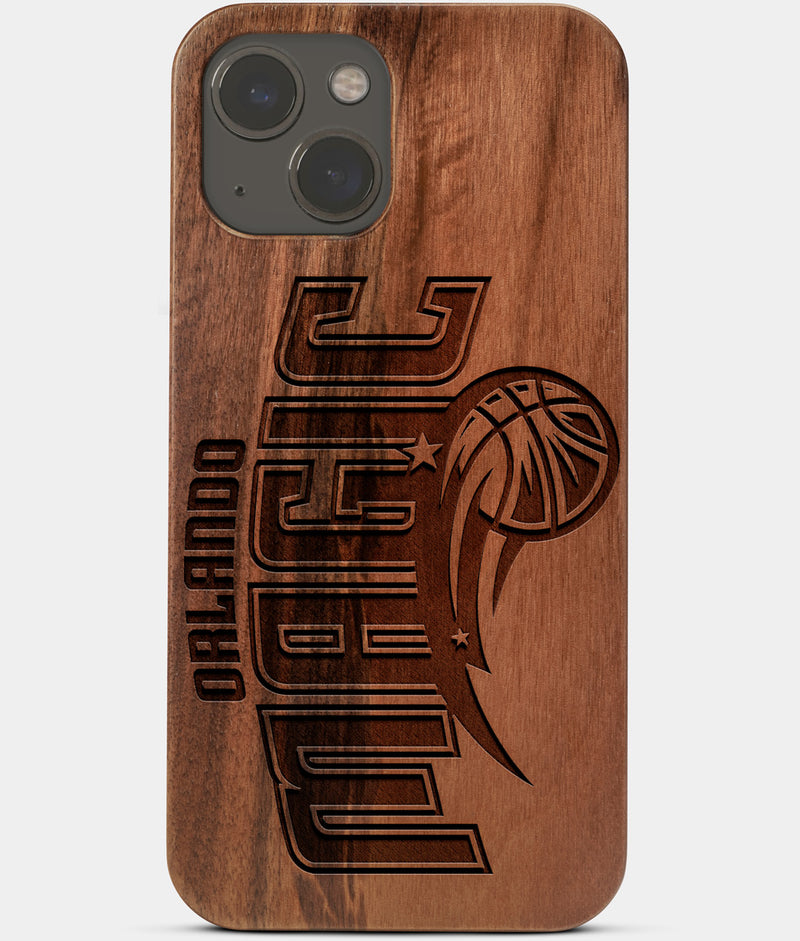 Carved Wood Orlando Magic iPhone 13 Mini Case | Custom Orlando Magic Gift, Birthday Gift | Personalized Mahogany Wood Cover, Gifts For Him, Monogrammed Gift For Fan | by Engraved In Nature