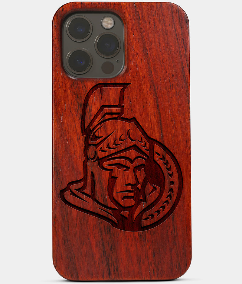 Carved Wood Ottawa Senators iPhone 13 Pro Max Case | Custom Ottawa Senators Gift, Birthday Gift | Personalized Mahogany Wood Cover, Gifts For Him, Monogrammed Gift For Fan | by Engraved In Nature