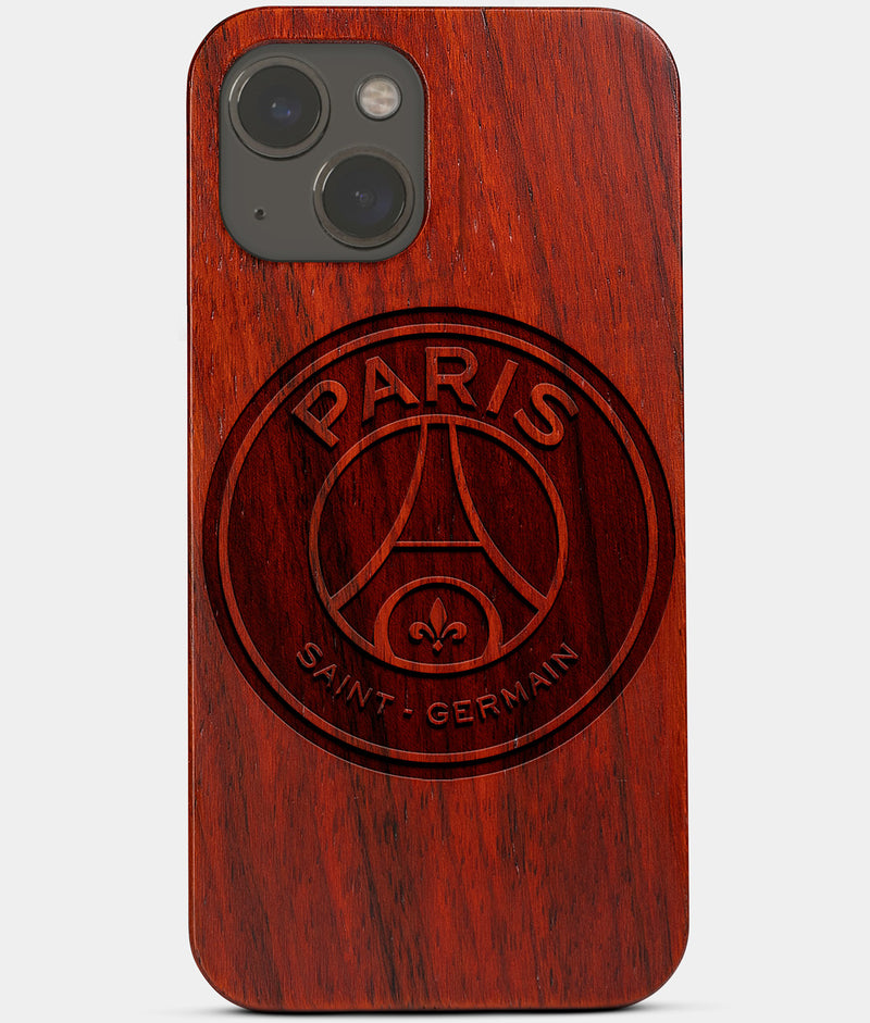 Carved Wood Paris Saint Germain F.C. iPhone 13 Case | Custom Paris Saint Germain F.C. Gift, Birthday Gift | Personalized Mahogany Wood Cover, Gifts For Him, Monogrammed Gift For Fan | by Engraved In Nature