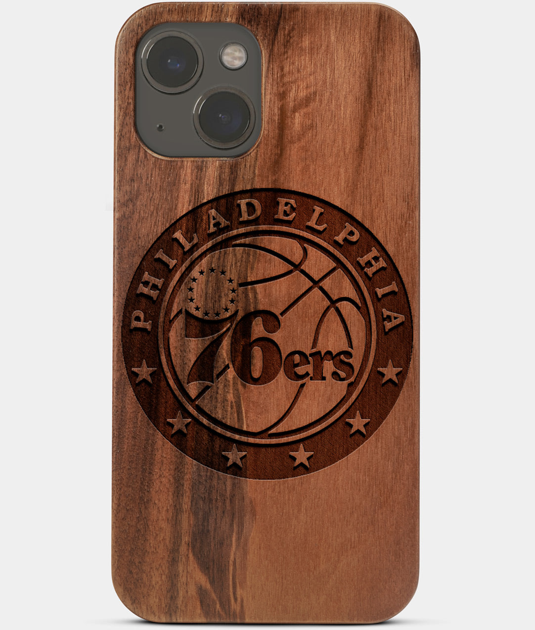 Carved Wood Philadelphia 76Ers iPhone 13 Case | Custom Philadelphia 76Ers Gift, Birthday Gift | Personalized Mahogany Wood Cover, Gifts For Him, Monogrammed Gift For Fan | by Engraved In Nature