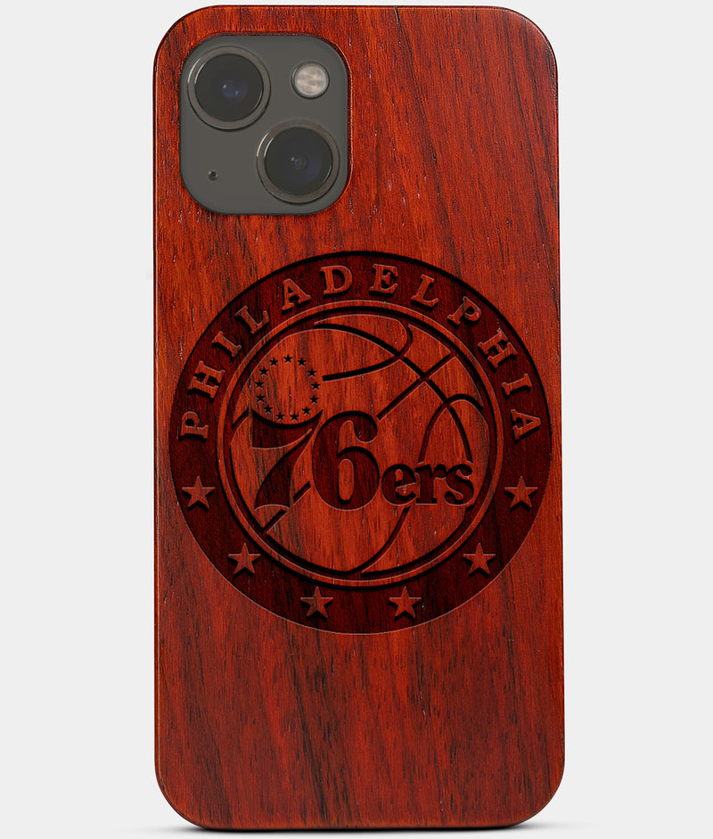 Carved Wood Philadelphia 76Ers iPhone 13 Mini Case | Custom Philadelphia 76Ers Gift, Birthday Gift | Personalized Mahogany Wood Cover, Gifts For Him, Monogrammed Gift For Fan | by Engraved In Nature