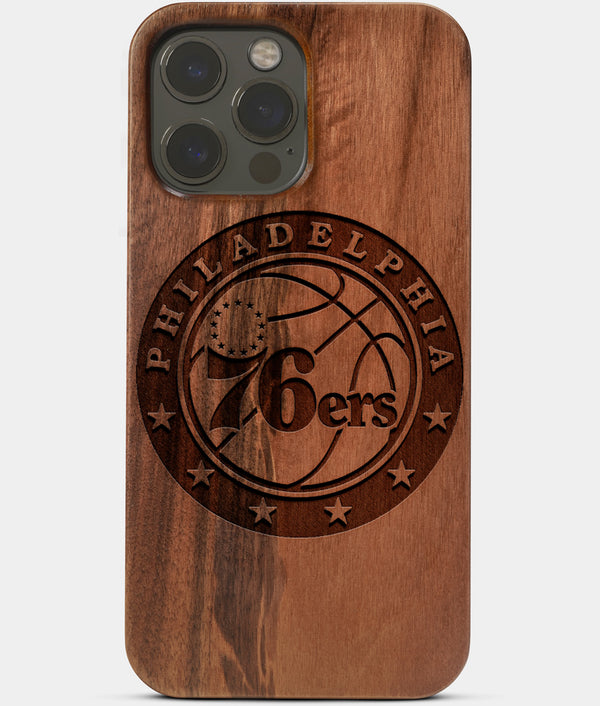 Carved Wood Philadelphia 76Ers iPhone 13 Pro Case | Custom Philadelphia 76Ers Gift, Birthday Gift | Personalized Mahogany Wood Cover, Gifts For Him, Monogrammed Gift For Fan | by Engraved In Nature