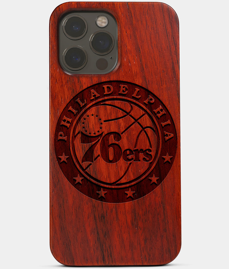 Carved Wood Philadelphia 76Ers iPhone 13 Pro Max Case | Custom Philadelphia 76Ers Gift, Birthday Gift | Personalized Mahogany Wood Cover, Gifts For Him, Monogrammed Gift For Fan | by Engraved In Nature