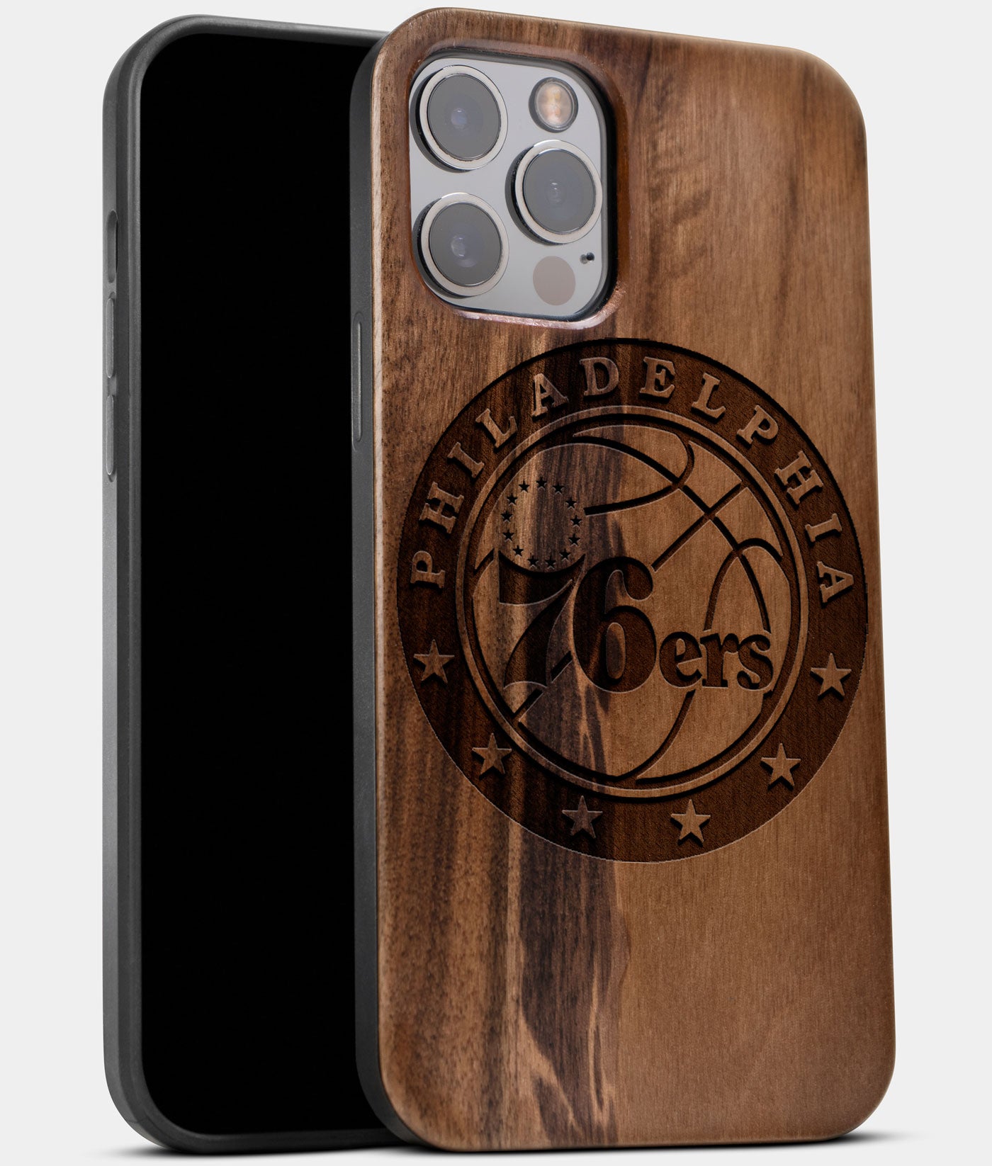 Best Wood Philadelphia 76Ers iPhone 13 Pro Max Case | Custom Philadelphia 76Ers Gift | Walnut Wood Cover - Engraved In Nature