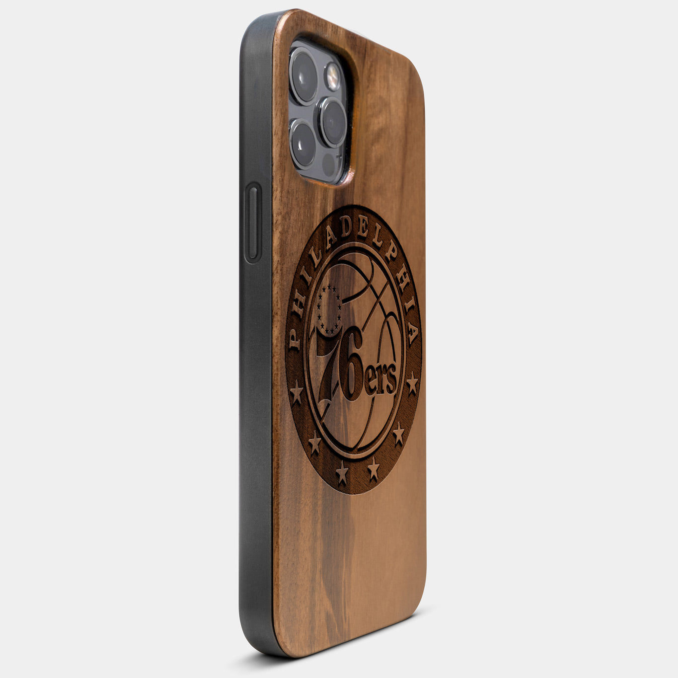Best Wood Philadelphia 76Ers iPhone 13 Pro Max Case | Custom Philadelphia 76Ers Gift | Walnut Wood Cover - Engraved In Nature