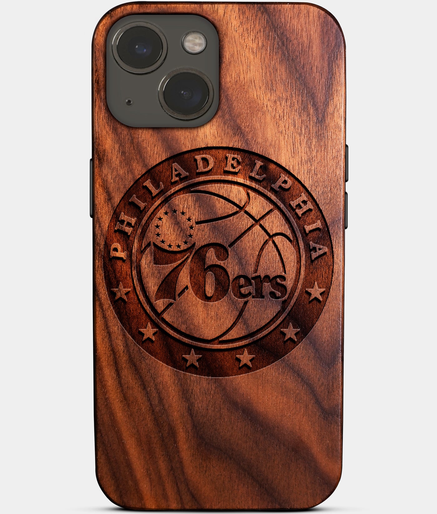 Eco-friendly Philadelphia 76Ers iPhone 14 Case - Carved Wood Custom Philadelphia 76Ers Gift For Him - Monogrammed Personalized iPhone 14 Cover By Engraved In Nature