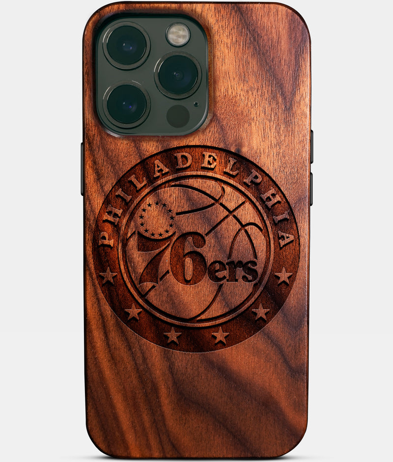 Eco-friendly Philadelphia 76Ers iPhone 14 Pro Case - Carved Wood Custom Philadelphia 76Ers Gift For Him - Monogrammed Personalized iPhone 14 Pro Cover By Engraved In Nature
