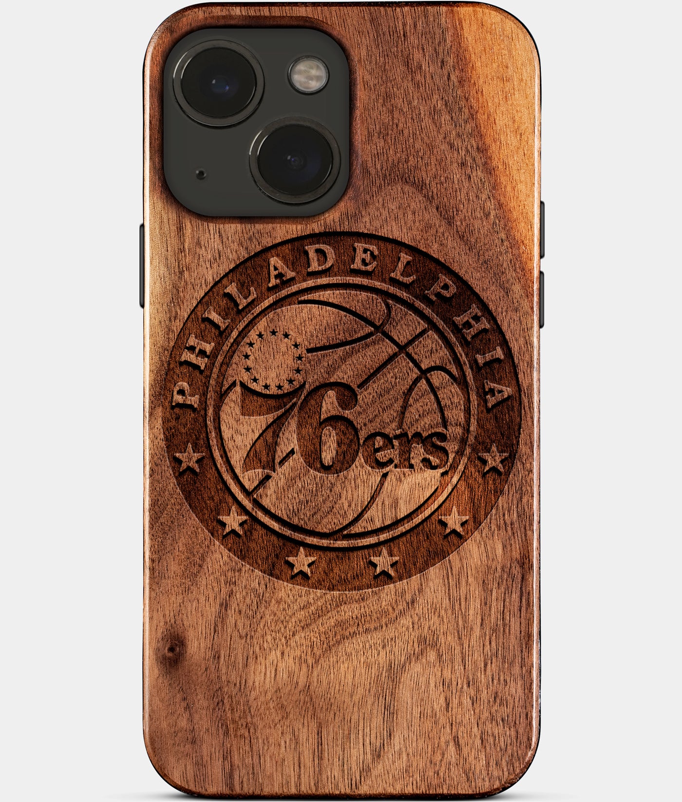 Eco-friendly Philadelphia 76Ers iPhone 15 Plus Case - Carved Wood Custom Philadelphia 76Ers Gift For Him - Monogrammed Personalized iPhone 15 Plus Cover By Engraved In Nature