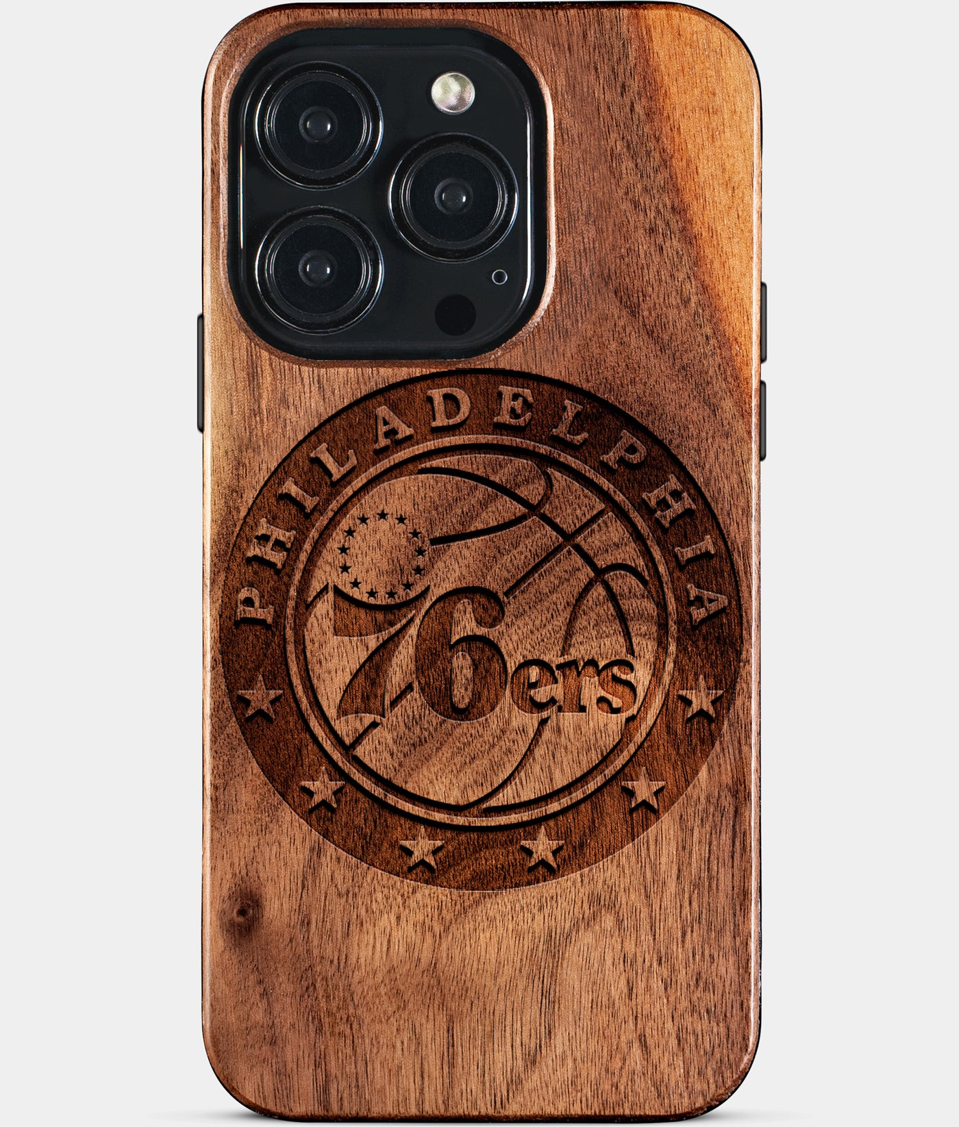 Eco-friendly Philadelphia 76Ers iPhone 15 Pro Case - Carved Wood Custom Philadelphia 76Ers Gift For Him - Monogrammed Personalized iPhone 15 Pro Cover By Engraved In Nature