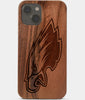 Carved Wood Philadelphia Eagles iPhone 13 Case | Custom Philadelphia Eagles Gift, Birthday Gift | Personalized Mahogany Wood Cover, Gifts For Him, Monogrammed Gift For Fan | by Engraved In Nature