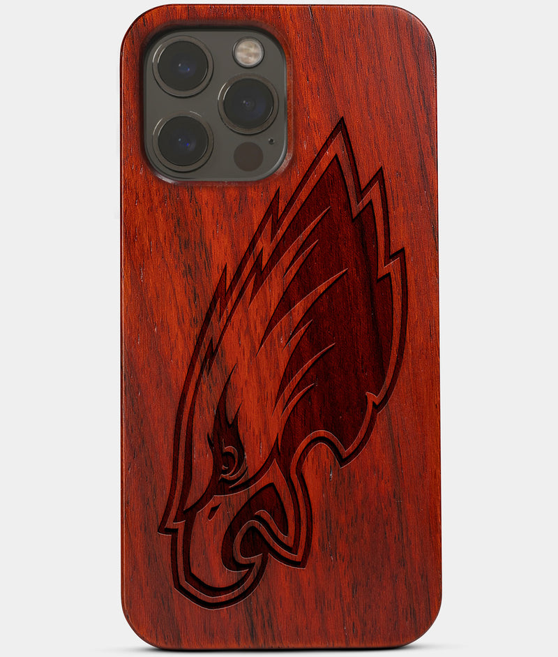 Carved Wood Philadelphia Eagles iPhone 13 Pro Case | Custom Philadelphia Eagles Gift, Birthday Gift | Personalized Mahogany Wood Cover, Gifts For Him, Monogrammed Gift For Fan | by Engraved In Nature