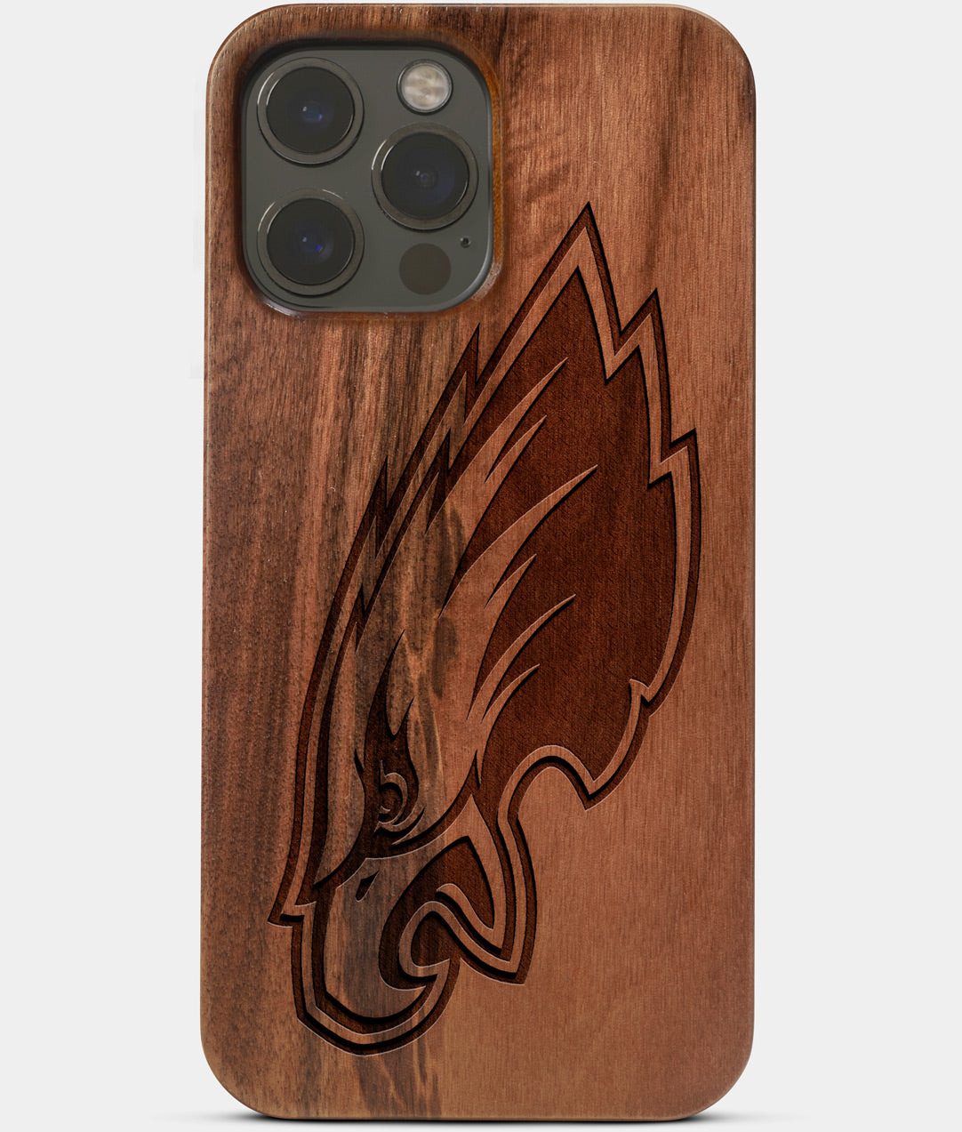 Carved Wood Philadelphia Eagles iPhone 13 Pro Case | Custom Philadelphia Eagles Gift, Birthday Gift | Personalized Mahogany Wood Cover, Gifts For Him, Monogrammed Gift For Fan | by Engraved In Nature