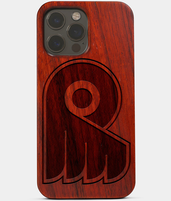 Carved Wood Philadelphia Flyers iPhone 13 Pro Case | Custom Philadelphia Flyers Gift, Birthday Gift | Personalized Mahogany Wood Cover, Gifts For Him, Monogrammed Gift For Fan | by Engraved In Nature