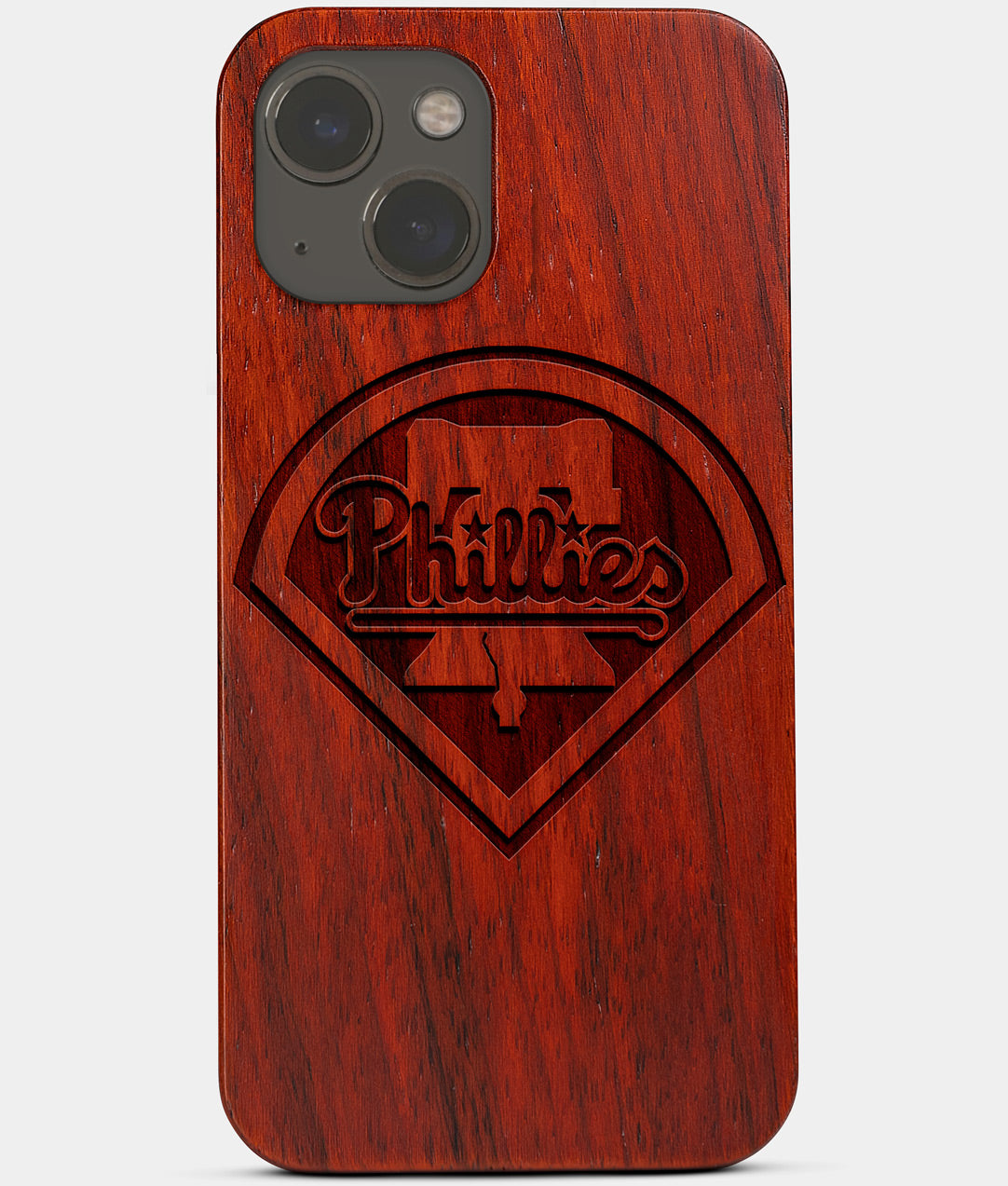 Carved Wood Philadelphia Phillies iPhone 13 Case | Custom Philadelphia Phillies Gift, Birthday Gift | Personalized Mahogany Wood Cover, Gifts For Him, Monogrammed Gift For Fan | by Engraved In Nature