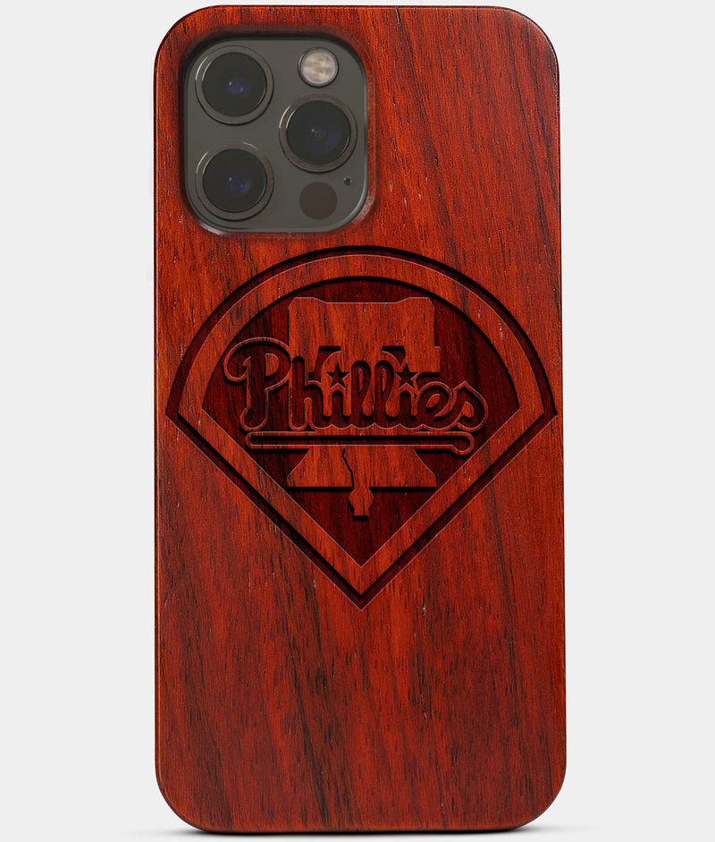 Carved Wood Philadelphia Phillies iPhone 13 Pro Max Case | Custom Philadelphia Phillies Gift, Birthday Gift | Personalized Mahogany Wood Cover, Gifts For Him, Monogrammed Gift For Fan | by Engraved In Nature