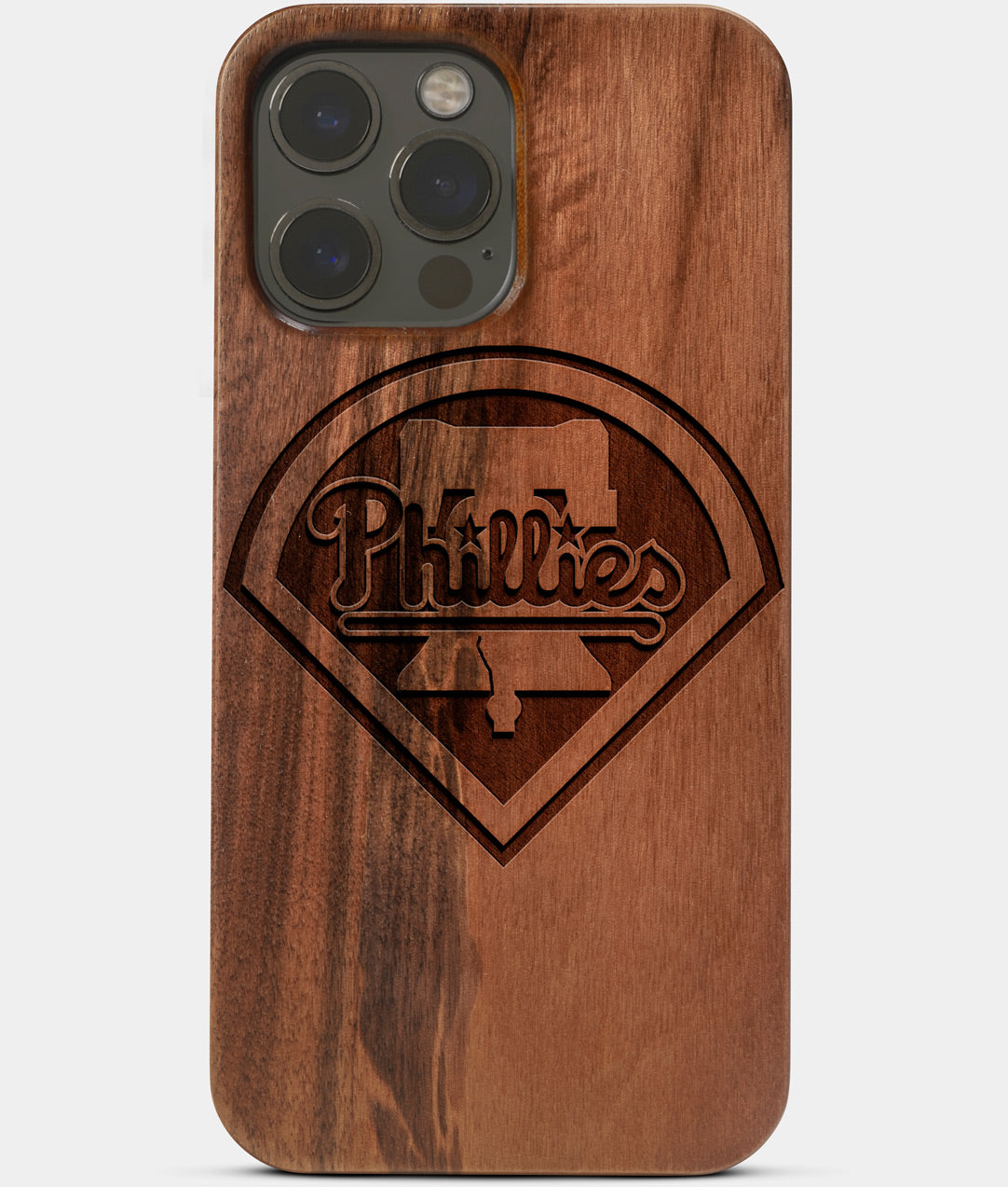 Carved Wood Philadelphia Phillies iPhone 13 Pro Max Case | Custom Philadelphia Phillies Gift, Birthday Gift | Personalized Mahogany Wood Cover, Gifts For Him, Monogrammed Gift For Fan | by Engraved In Nature