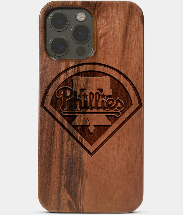 Carved Wood Philadelphia Phillies iPhone 13 Pro Max Case | Custom Philadelphia Phillies Gift, Birthday Gift | Personalized Mahogany Wood Cover, Gifts For Him, Monogrammed Gift For Fan | by Engraved In Nature