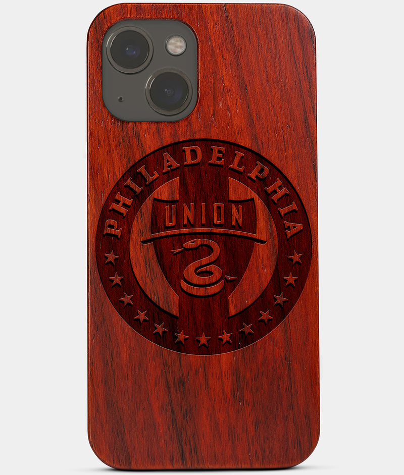 Carved Wood Philadelphia Union iPhone 13 Mini Case | Custom Philadelphia Union Gift, Birthday Gift | Personalized Mahogany Wood Cover, Gifts For Him, Monogrammed Gift For Fan | by Engraved In Nature