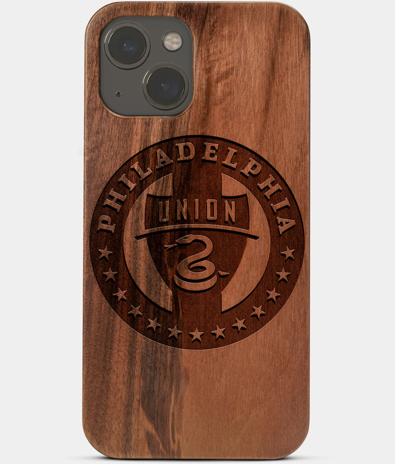 Carved Wood Philadelphia Union iPhone 13 Mini Case | Custom Philadelphia Union Gift, Birthday Gift | Personalized Mahogany Wood Cover, Gifts For Him, Monogrammed Gift For Fan | by Engraved In Nature