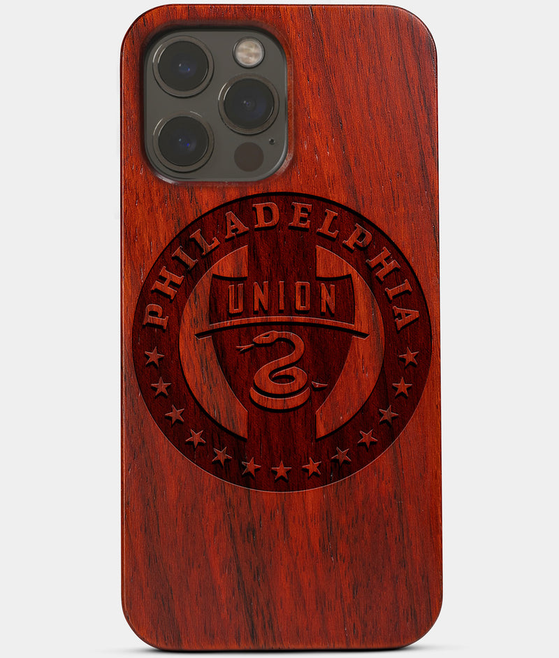 Carved Wood Philadelphia Union iPhone 13 Pro Case | Custom Philadelphia Union Gift, Birthday Gift | Personalized Mahogany Wood Cover, Gifts For Him, Monogrammed Gift For Fan | by Engraved In Nature