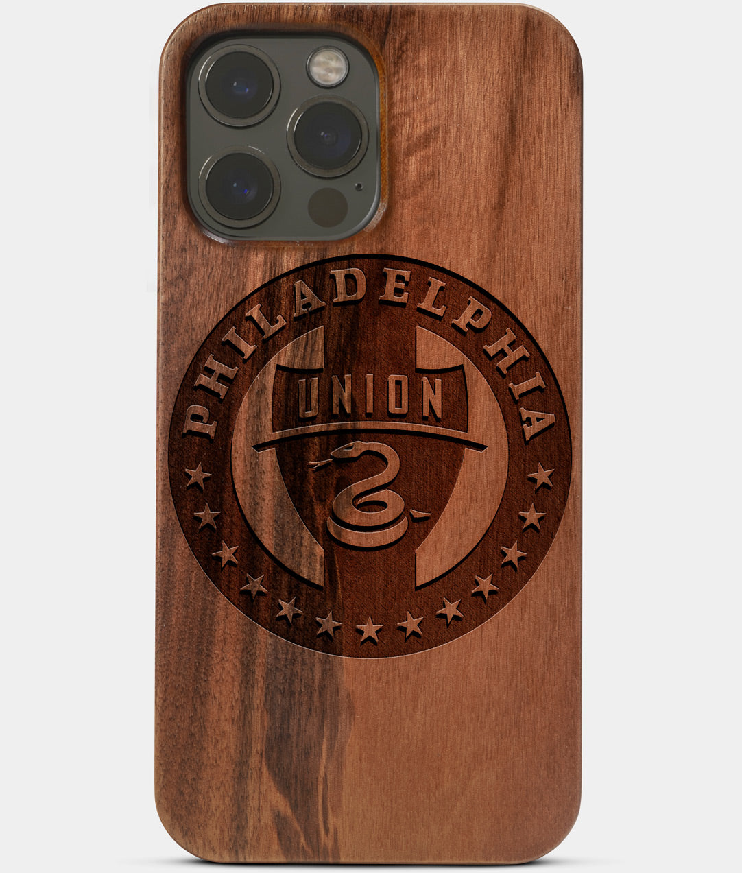 Carved Wood Philadelphia Union iPhone 13 Pro Max Case | Custom Philadelphia Union Gift, Birthday Gift | Personalized Mahogany Wood Cover, Gifts For Him, Monogrammed Gift For Fan | by Engraved In Nature