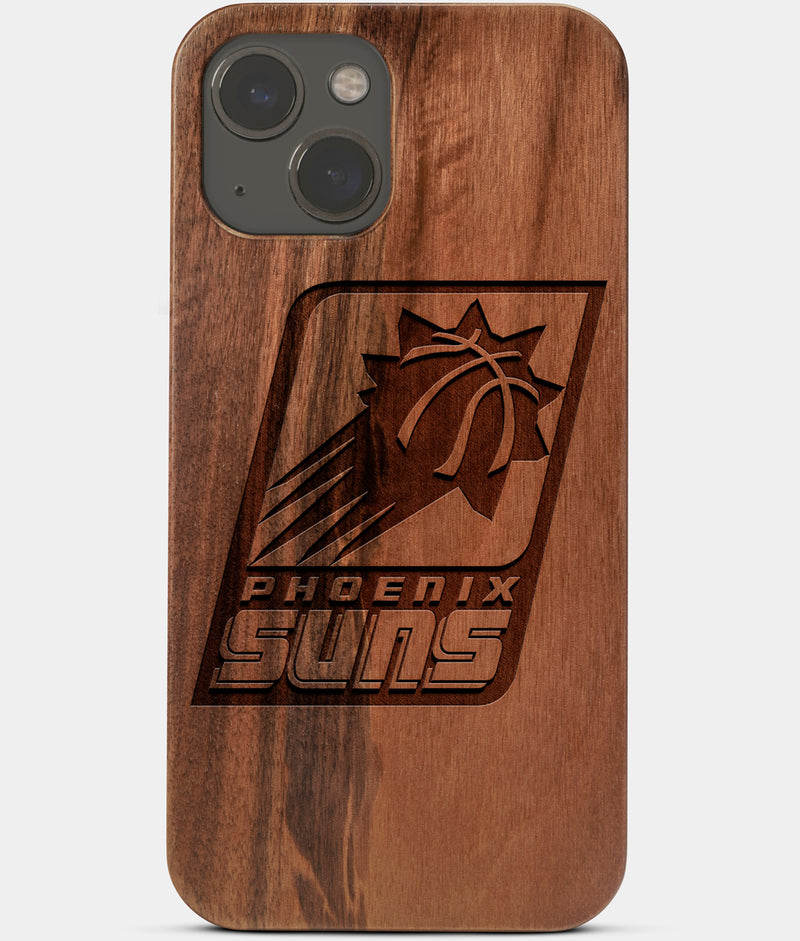 Carved Wood Phoenix Suns iPhone 13 Mini Case | Custom Phoenix Suns Gift, Birthday Gift | Personalized Mahogany Wood Cover, Gifts For Him, Monogrammed Gift For Fan | by Engraved In Nature