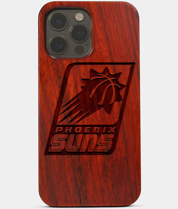 Carved Wood Phoenix Suns iPhone 13 Pro Case | Custom Phoenix Suns Gift, Birthday Gift | Personalized Mahogany Wood Cover, Gifts For Him, Monogrammed Gift For Fan | by Engraved In Nature
