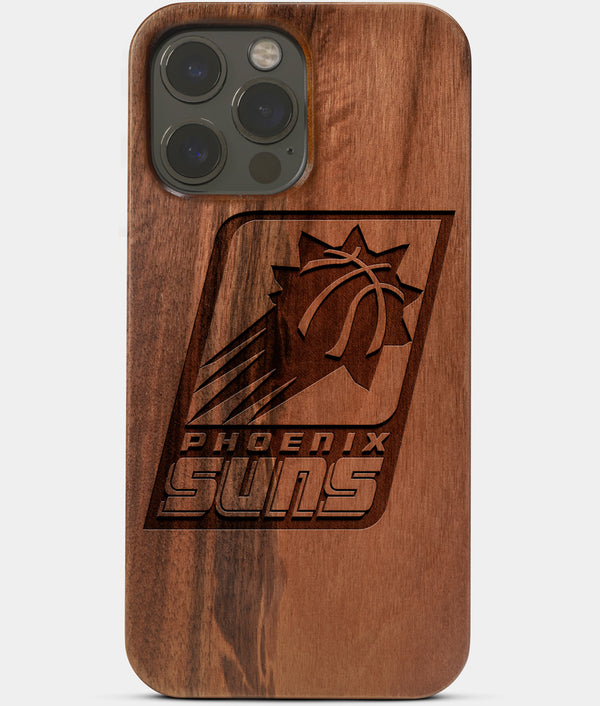 Carved Wood Phoenix Suns iPhone 13 Pro Max Case | Custom Phoenix Suns Gift, Birthday Gift | Personalized Mahogany Wood Cover, Gifts For Him, Monogrammed Gift For Fan | by Engraved In Nature