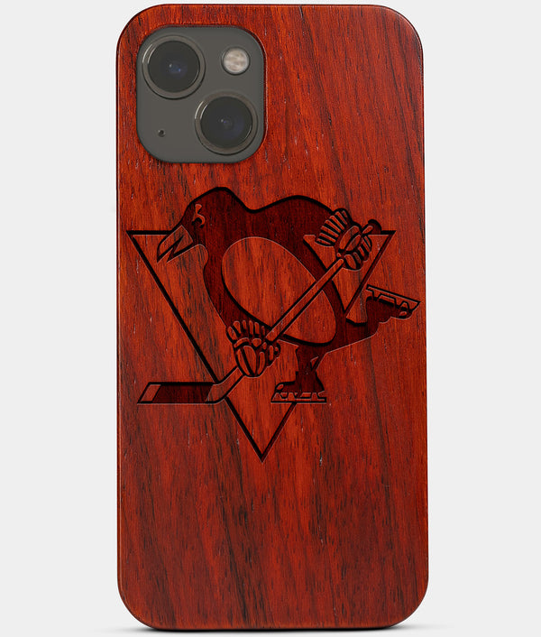 Carved Wood Pittsburgh Penguins iPhone 13 Case | Custom Pittsburgh Penguins Gift, Birthday Gift | Personalized Mahogany Wood Cover, Gifts For Him, Monogrammed Gift For Fan | by Engraved In Nature