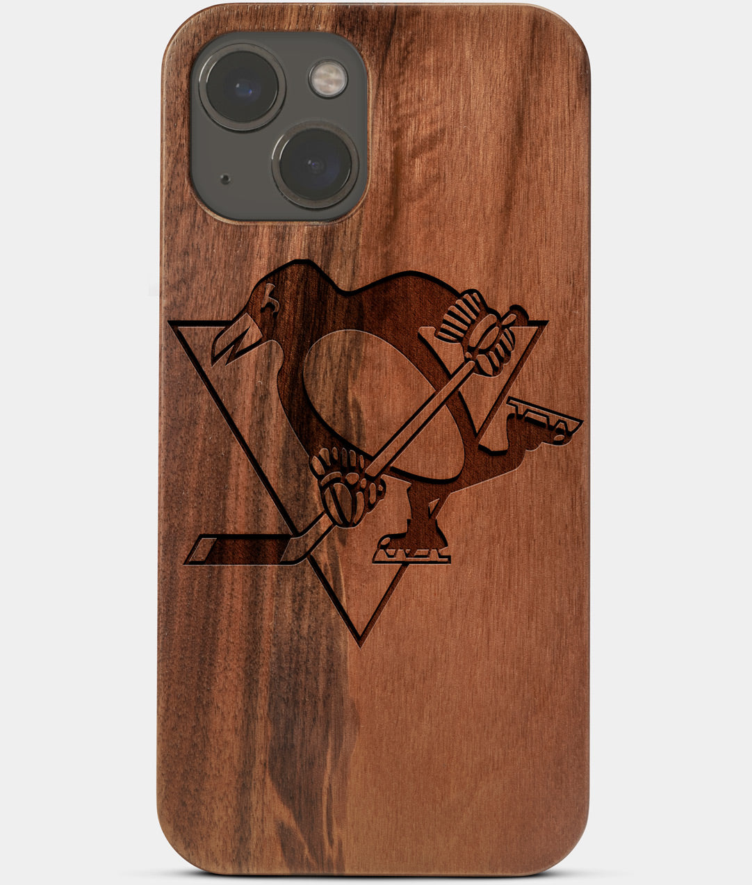 Carved Wood Pittsburgh Penguins iPhone 13 Case | Custom Pittsburgh Penguins Gift, Birthday Gift | Personalized Mahogany Wood Cover, Gifts For Him, Monogrammed Gift For Fan | by Engraved In Nature