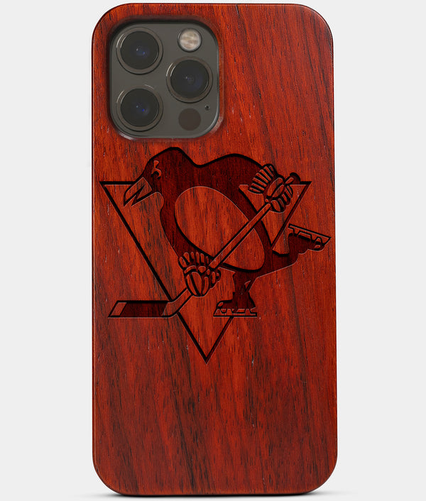 Carved Wood Pittsburgh Penguins iPhone 13 Pro Case | Custom Pittsburgh Penguins Gift, Birthday Gift | Personalized Mahogany Wood Cover, Gifts For Him, Monogrammed Gift For Fan | by Engraved In Nature
