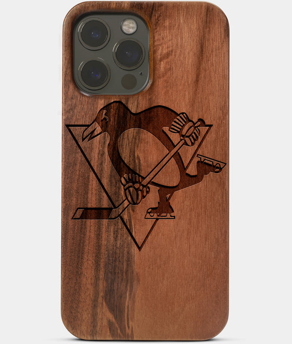 Carved Wood Pittsburgh Penguins iPhone 13 Pro Case | Custom Pittsburgh Penguins Gift, Birthday Gift | Personalized Mahogany Wood Cover, Gifts For Him, Monogrammed Gift For Fan | by Engraved In Nature