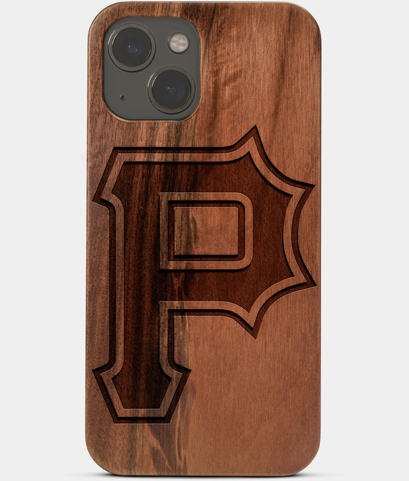Carved Wood Pittsburgh Pirates iPhone 13 Mini Case | Custom Classic Pittsburgh Pirates Gift, Birthday Gift | Personalized Mahogany Wood Cover, Gifts For Him, Monogrammed Gift For Fan | by Engraved In Nature