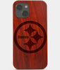 Carved Wood Pittsburgh Steelers iPhone 13 Case | Custom Pittsburgh Steelers Gift, Birthday Gift | Personalized Mahogany Wood Cover, Gifts For Him, Monogrammed Gift For Fan | by Engraved In Nature