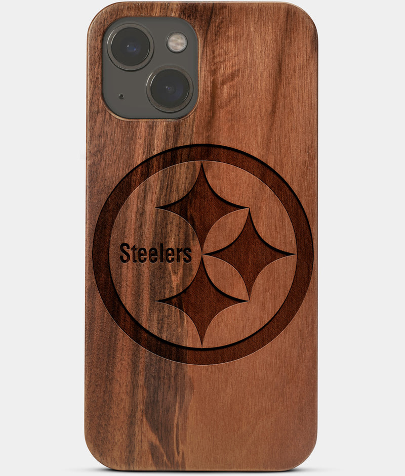 Carved Wood Pittsburgh Steelers iPhone 13 Case | Custom Pittsburgh Steelers Gift, Birthday Gift | Personalized Mahogany Wood Cover, Gifts For Him, Monogrammed Gift For Fan | by Engraved In Nature
