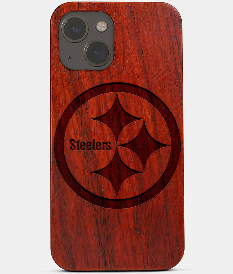 Carved Wood Pittsburgh Steelers iPhone 13 Mini Case | Custom Pittsburgh Steelers Gift, Birthday Gift | Personalized Mahogany Wood Cover, Gifts For Him, Monogrammed Gift For Fan | by Engraved In Nature