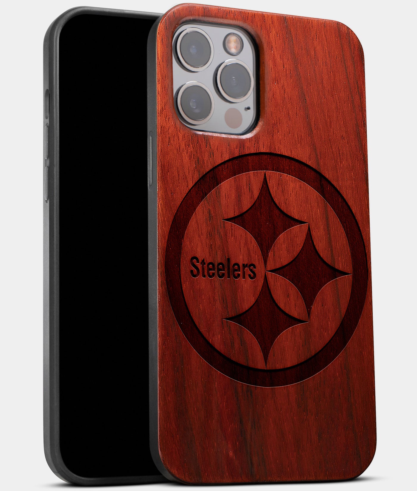 Best Wood Pittsburgh Steelers iPhone 13 Pro Case | Custom Pittsburgh Steelers Gift | Mahogany Wood Cover - Engraved In Nature
