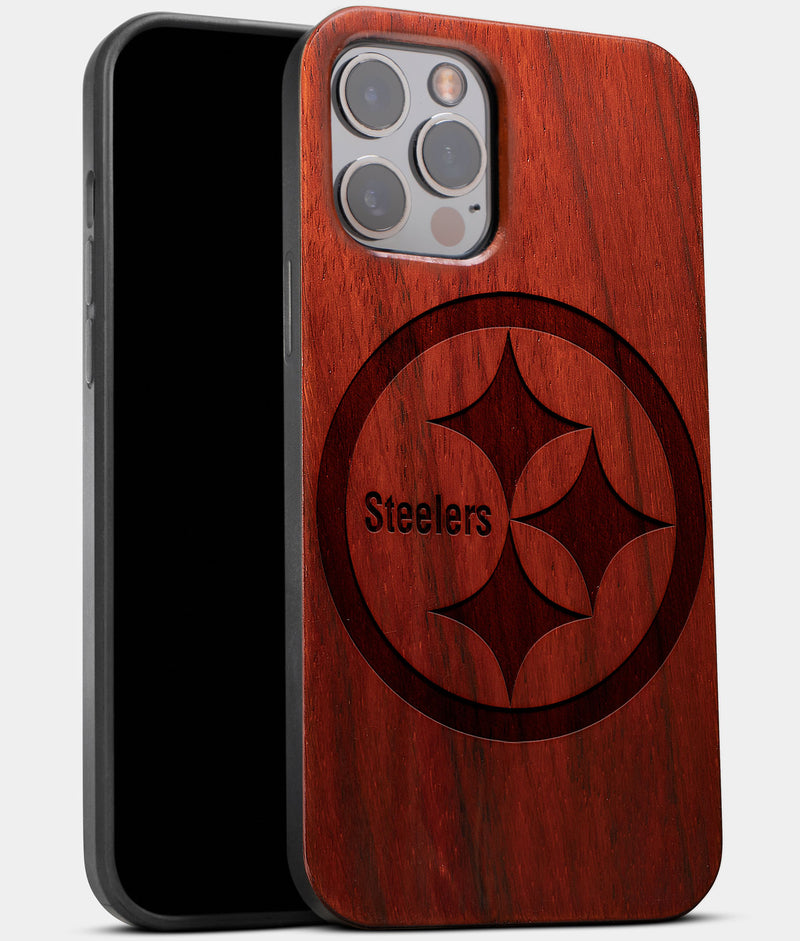 Best Wood Pittsburgh Steelers iPhone 13 Pro Case | Custom Pittsburgh Steelers Gift | Mahogany Wood Cover - Engraved In Nature