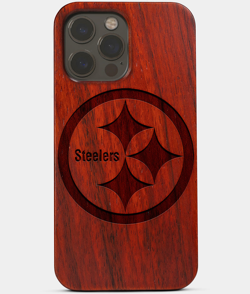 Carved Wood Pittsburgh Steelers iPhone 13 Pro Case | Custom Pittsburgh Steelers Gift, Birthday Gift | Personalized Mahogany Wood Cover, Gifts For Him, Monogrammed Gift For Fan | by Engraved In Nature