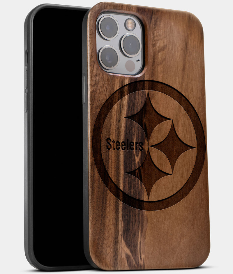 Best Wood Pittsburgh Steelers iPhone 13 Pro Case | Custom Pittsburgh Steelers Gift | Walnut Wood Cover - Engraved In Nature