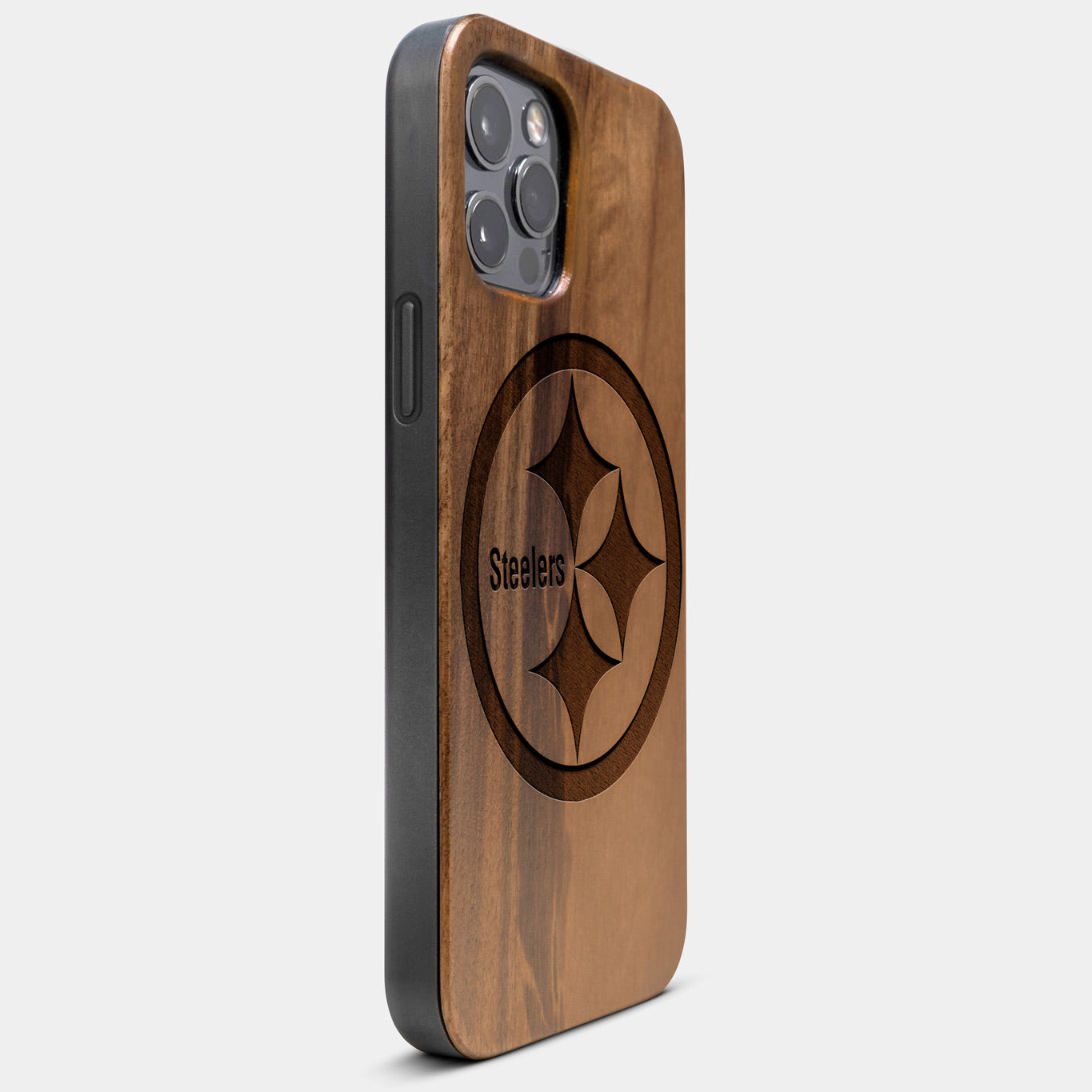 Best Wood Pittsburgh Steelers iPhone 13 Pro Max Case | Custom Pittsburgh Steelers Gift | Walnut Wood Cover - Engraved In Nature