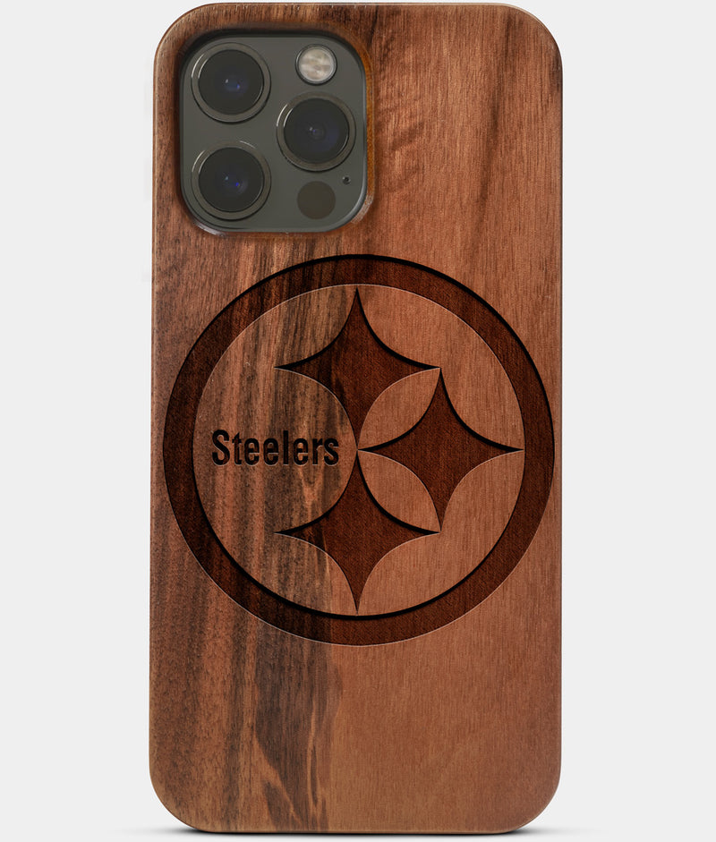 Carved Wood Pittsburgh Steelers iPhone 13 Pro Max Case | Custom Pittsburgh Steelers Gift, Birthday Gift | Personalized Mahogany Wood Cover, Gifts For Him, Monogrammed Gift For Fan | by Engraved In Nature